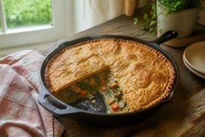 Vegan pot pie with a flaky crust and visible vegetable filling.