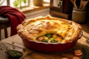 A cooked vegetarian pot pie with a flaky crust and golden top.